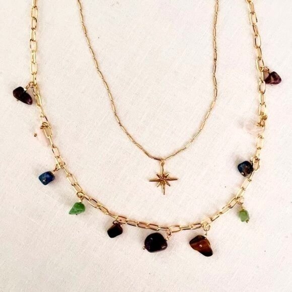 Double Layer Necklace of Golden Chain w/ Natural Stones Star Pendant Adjustable - Picture 4 of 5